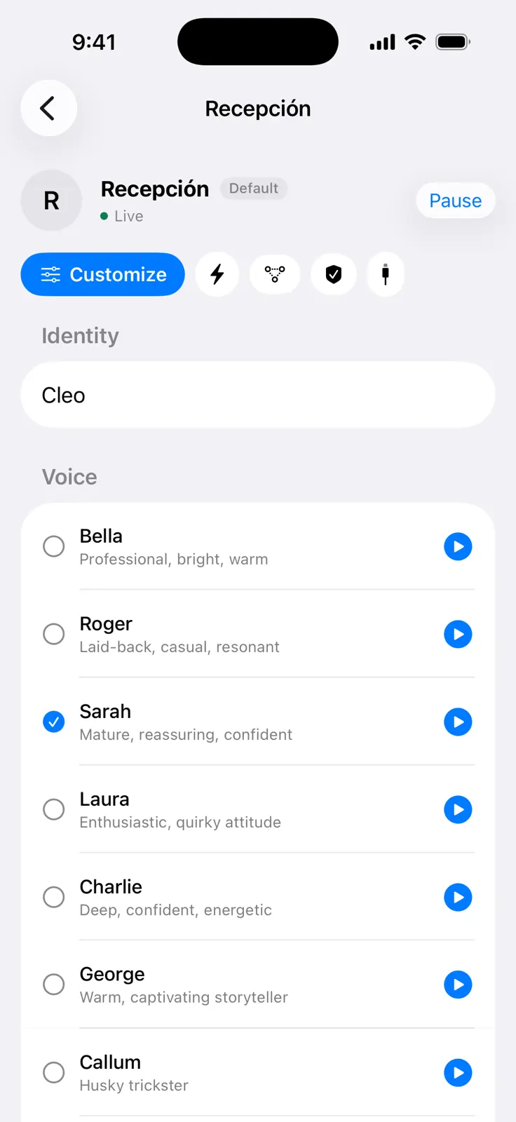 The Reception agent in Cleo: active, named Cleo, using the Sarah voice