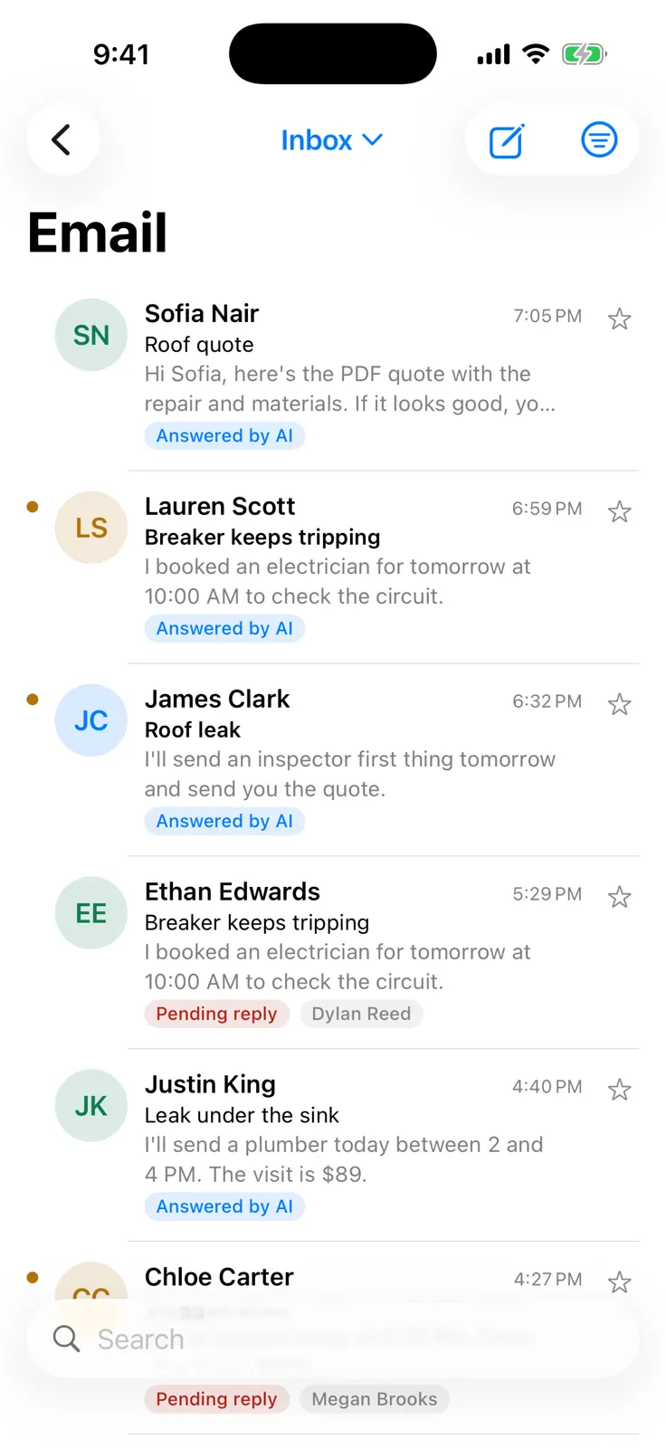 Cleo's email inbox with customer emails answered