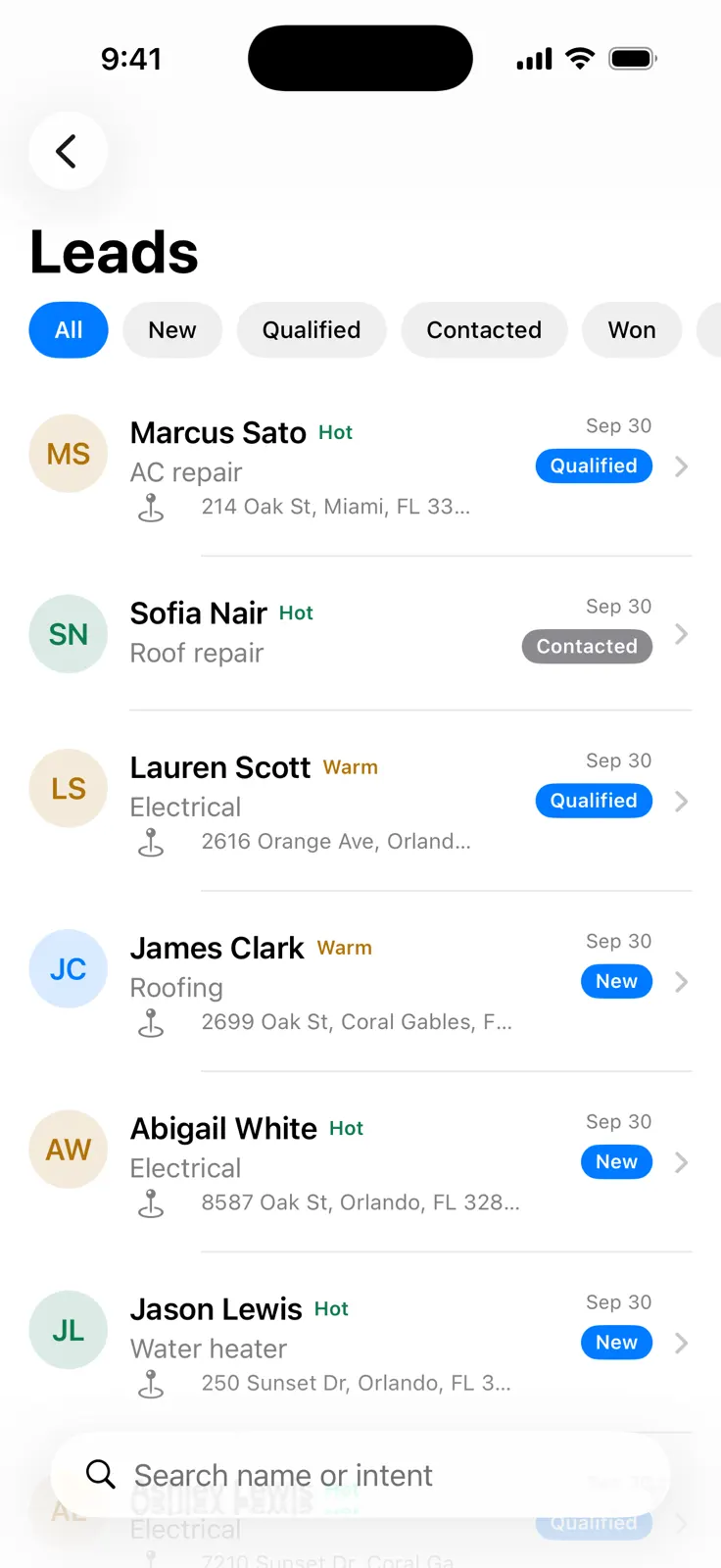 Leads in the Cleo app for iPhone