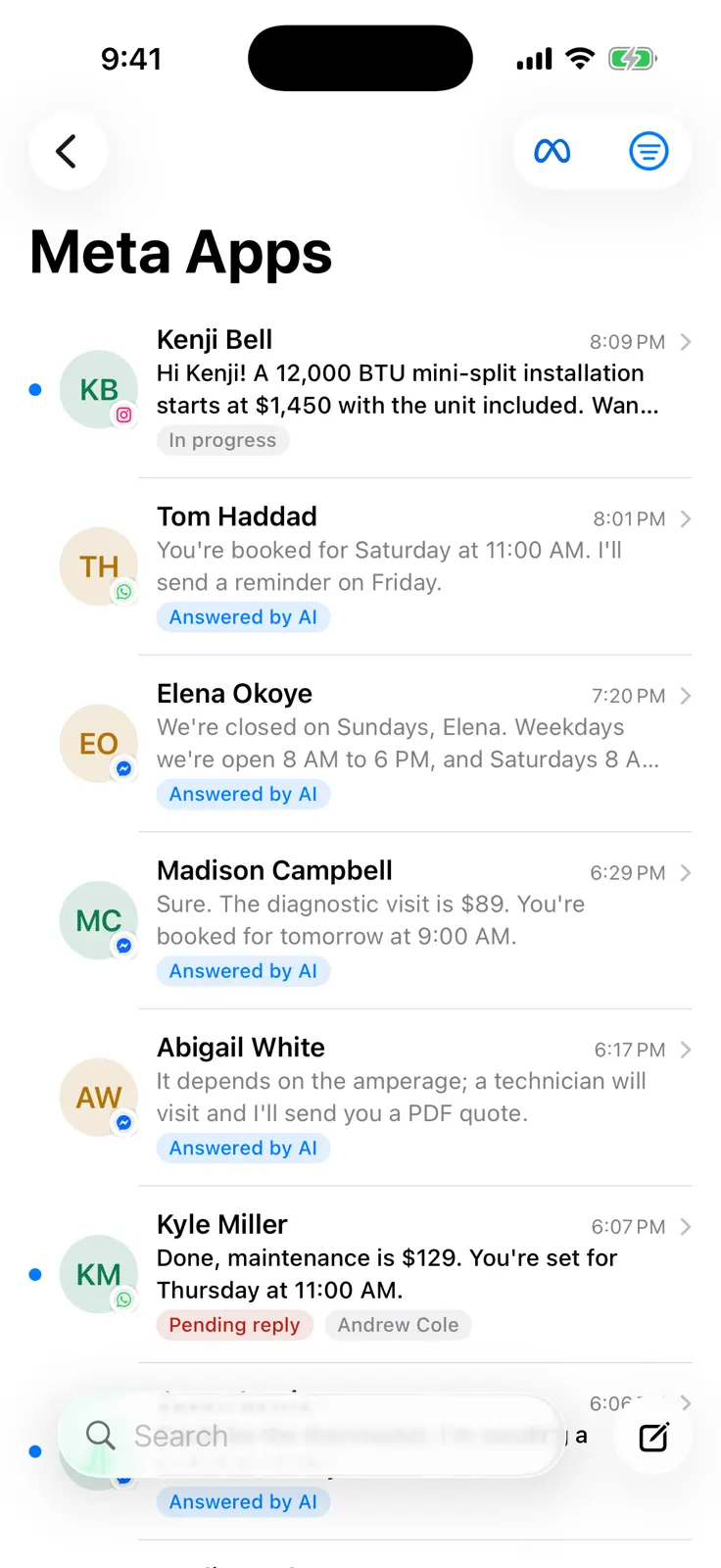 Cleo's Meta apps screen: WhatsApp, Instagram and Messenger conversations answered by AI