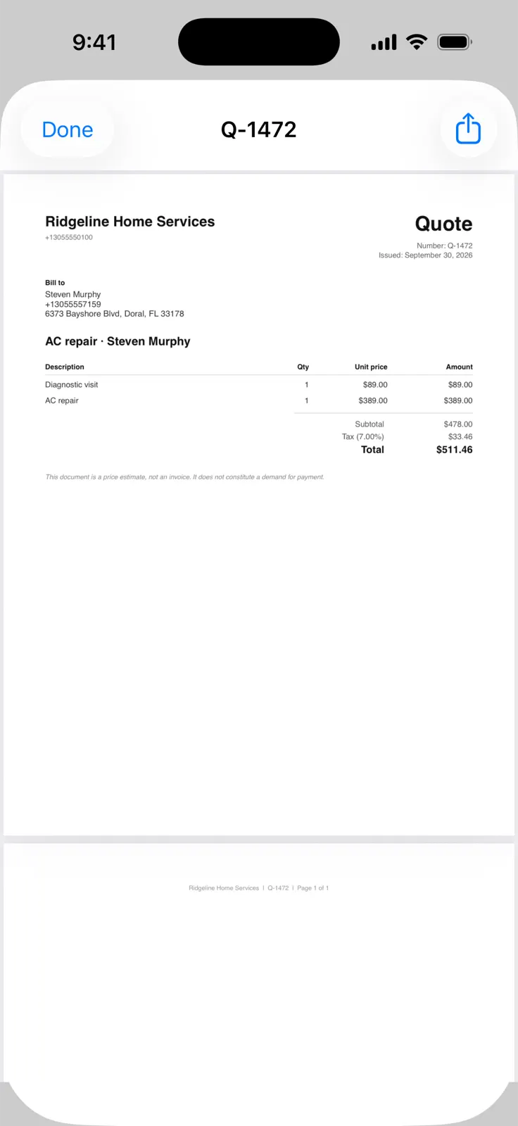 A real quote PDF in the Cleo app: Ridgeline Home Services, AC repair for Steven Murphy, total $511.46
