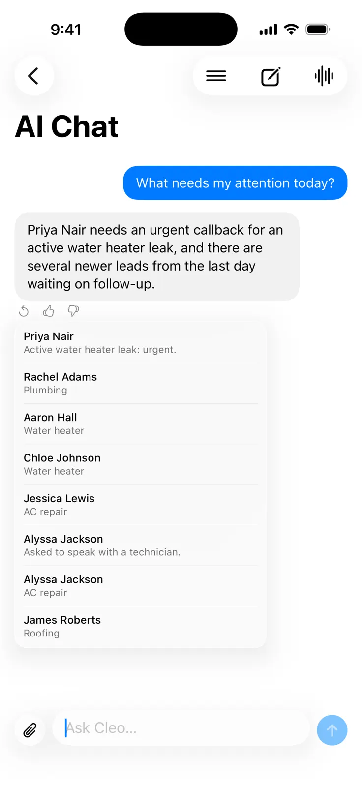 Cleo's AI chat: asked what needs attention today, it answers that Priya Nair needs an urgent callback and lists the leads waiting on follow-up