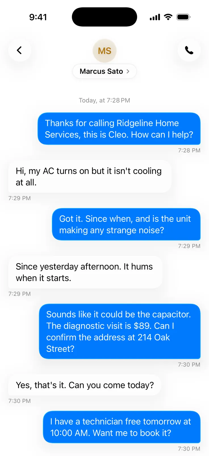 A call in Cleo: the customer's AC isn't cooling, Cleo confirms the address and offers a technician tomorrow at 10:00 AM