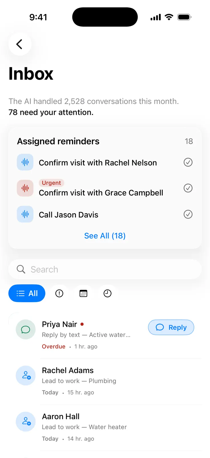 Cleo Inbox: 2,528 conversations handled this month, 78 need attention, with reminders and an overdue reply