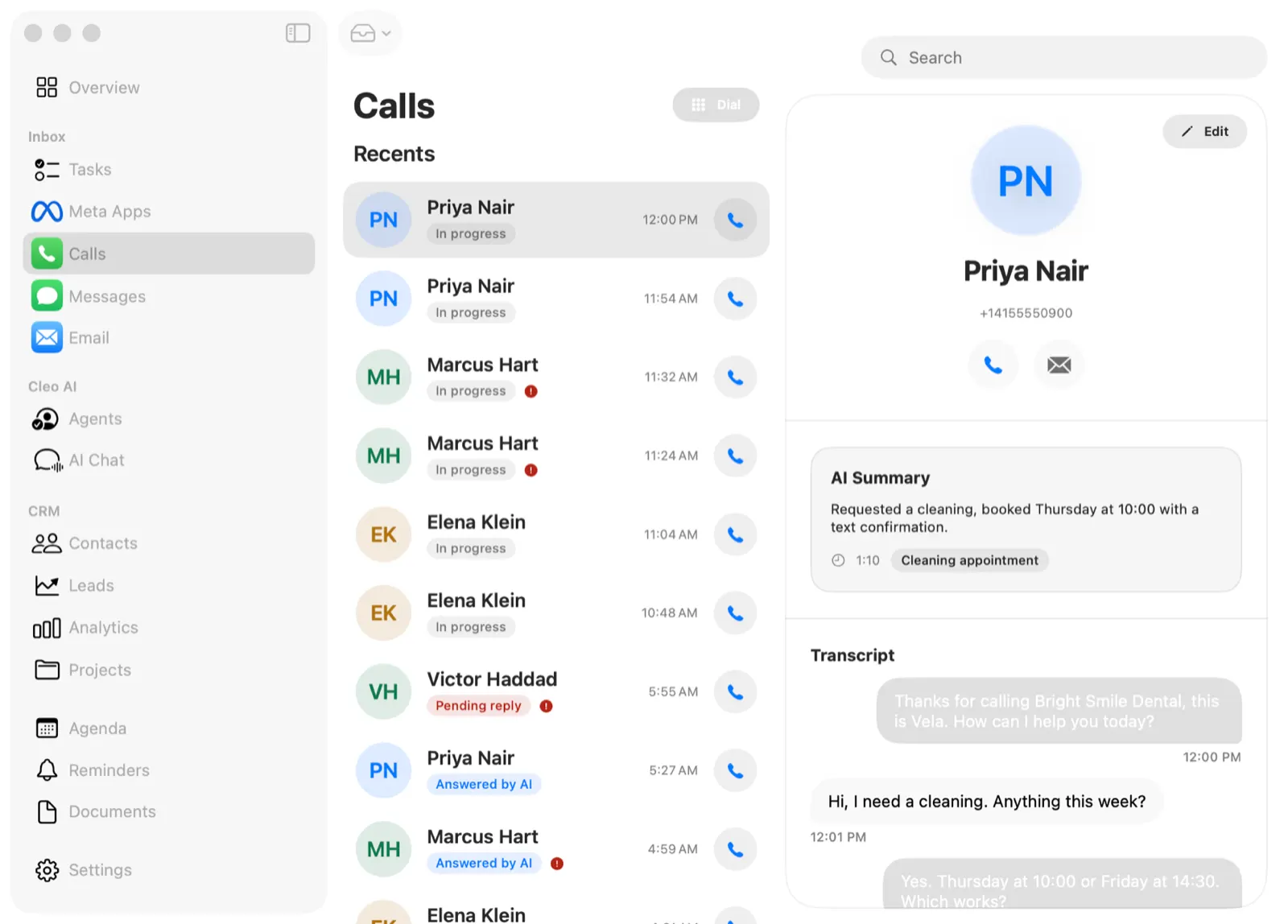 The Cleo app for Mac: a call to Bright Smile Dental with its AI summary, a cleaning booked Thursday at 10:00 with a text confirmation