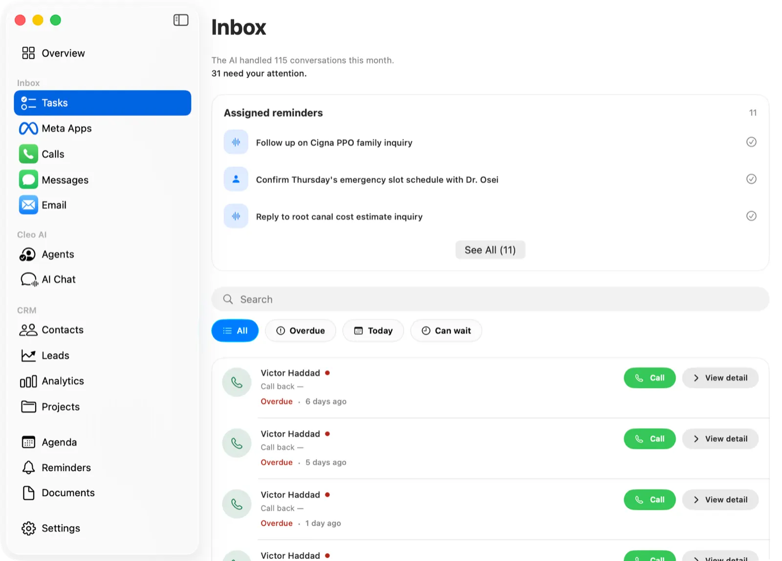 The Cleo inbox for Mac at a dental clinic: reminders and calls to return
